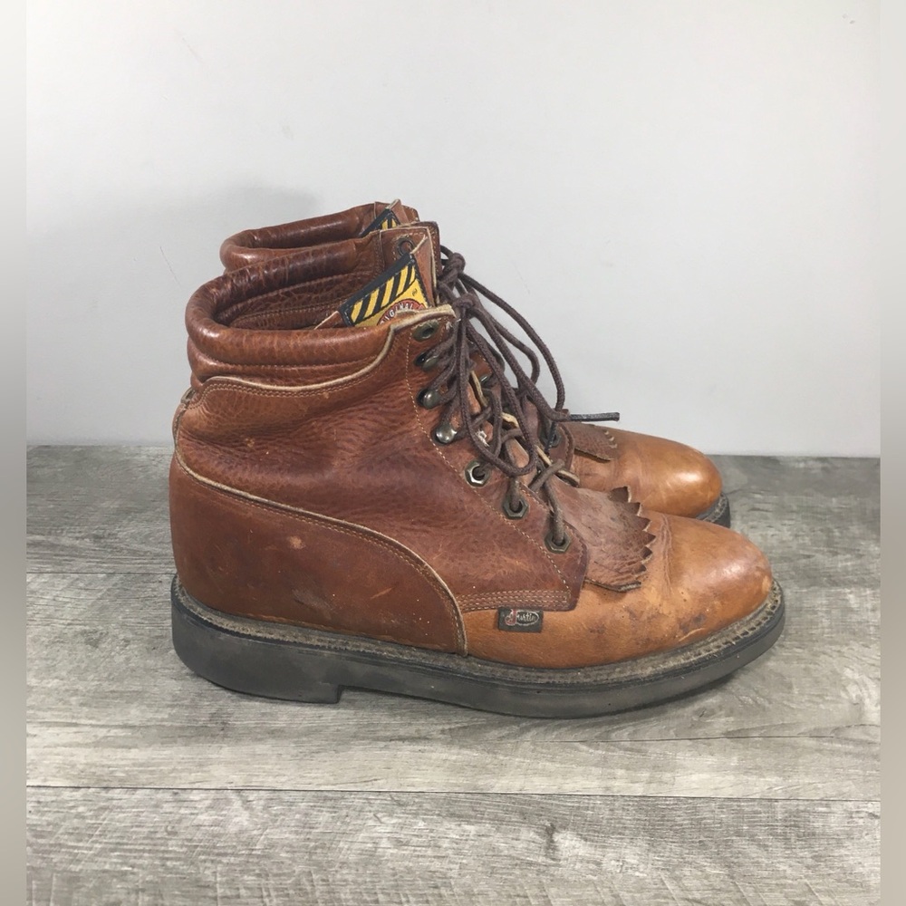 Womens Justin Lace Up Kiltie Work Western Cowboy Leather Punk Grunge Boots 9.5